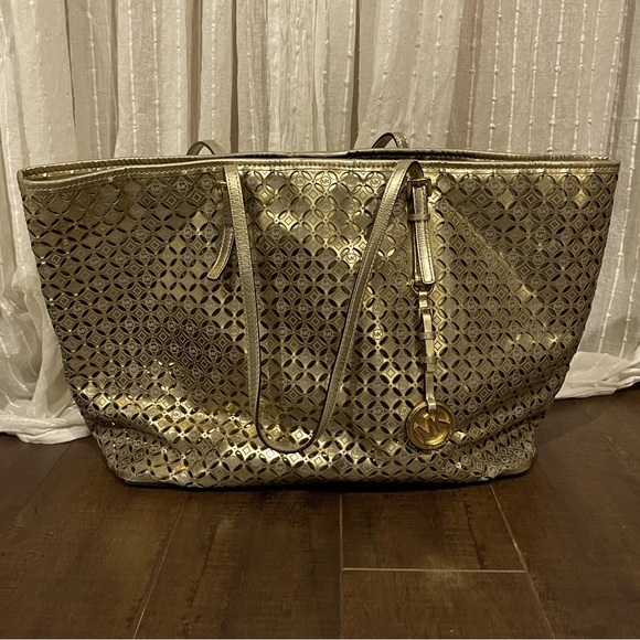 Limited Edition Michael Kors Flower Perforated Travel Tote with Gold Hardware - Picture 2 of 7